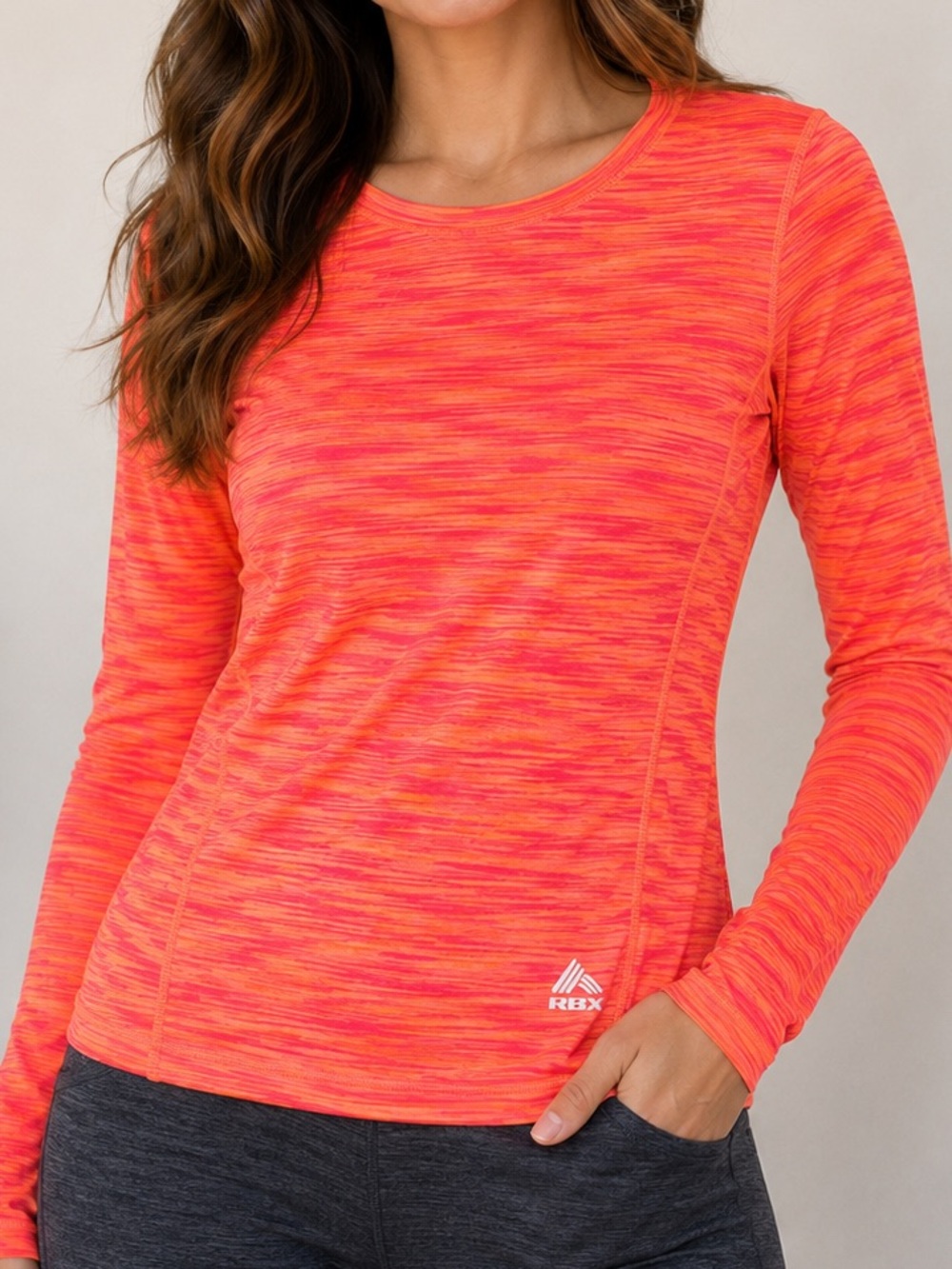 RBX Women's Long-Sleeve Crew Performance Top - Neon Pink & Orange Space-Dye